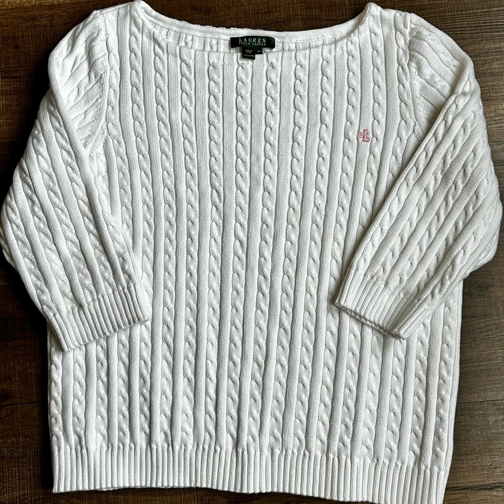 Ralph Lauren White Cable Knit Crew Neck Sweater 3/4 length sleeves
